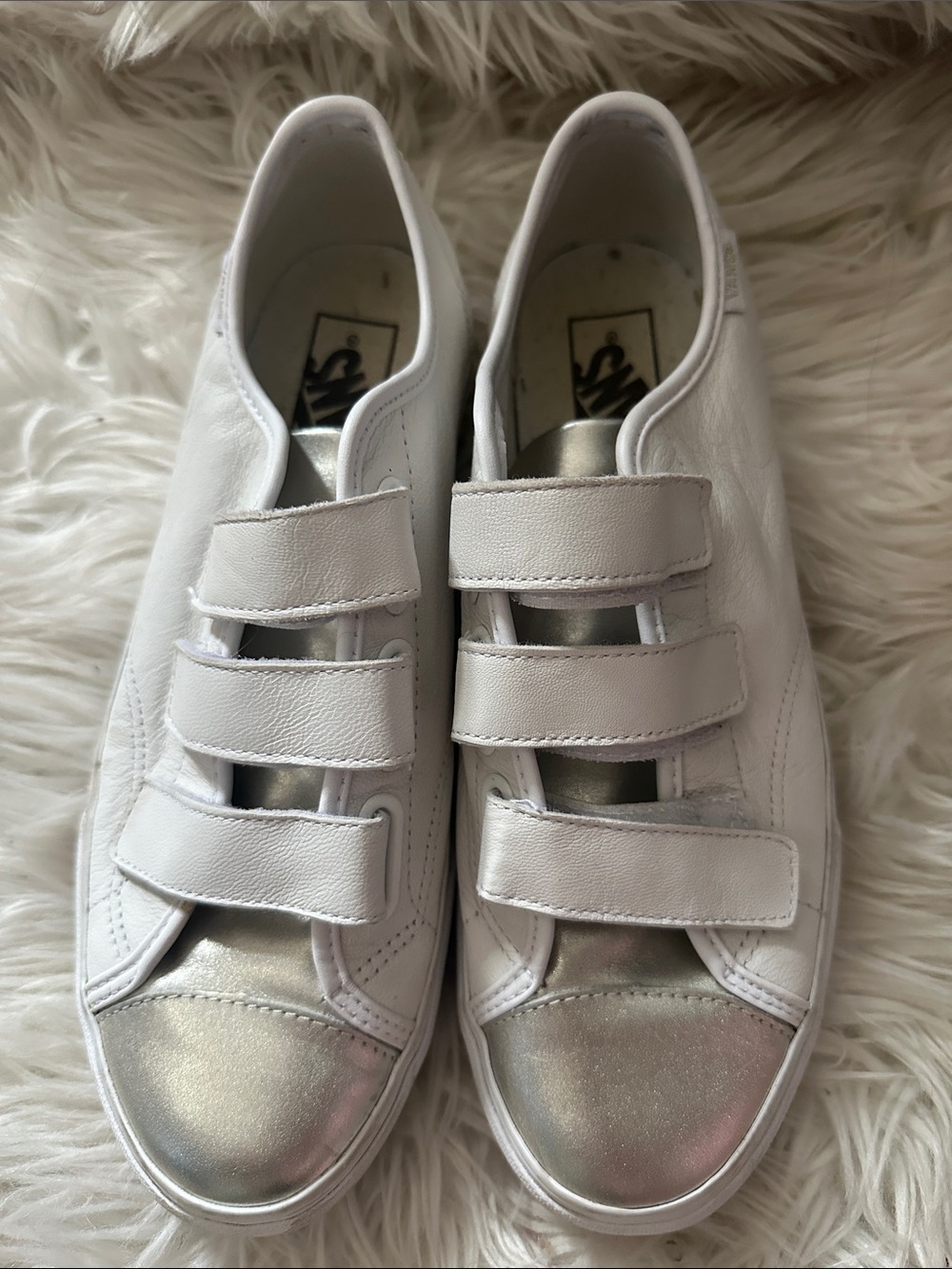 Vans White Leather Velcro Sneaker with Silver Toe